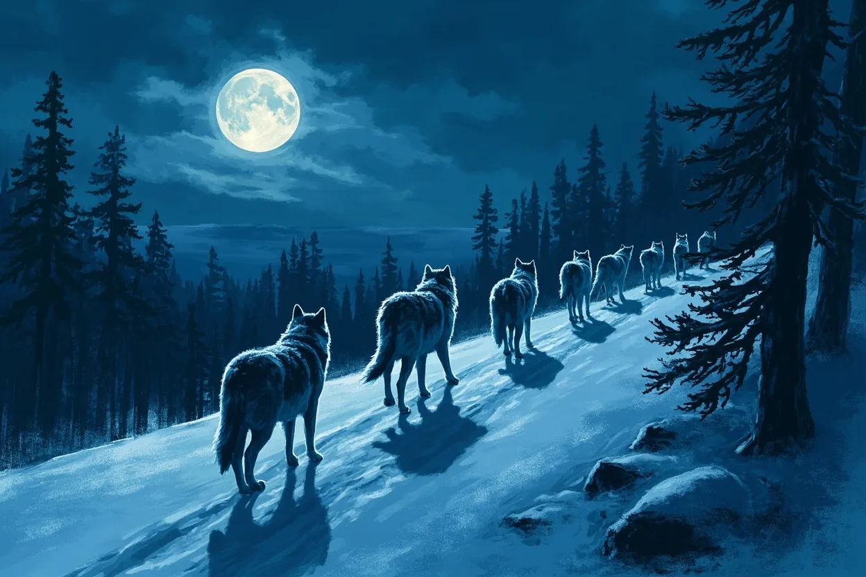 A wolf pack walking through a snowy forest at night