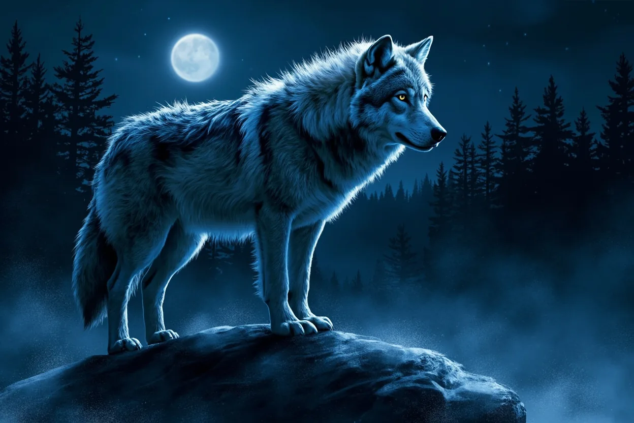 A detailed wolf standing on a rocky ridge in a forest